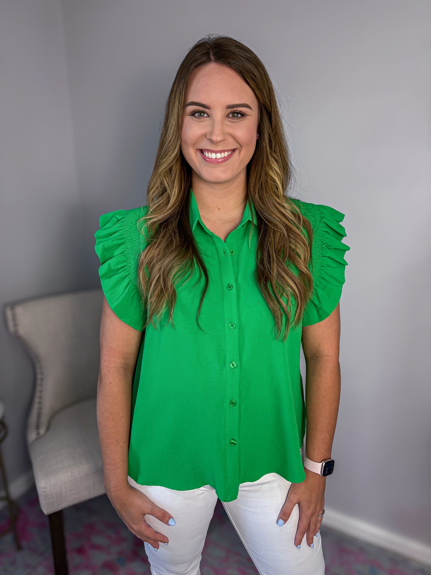 Kelly Green Ruffle Shoulder Top