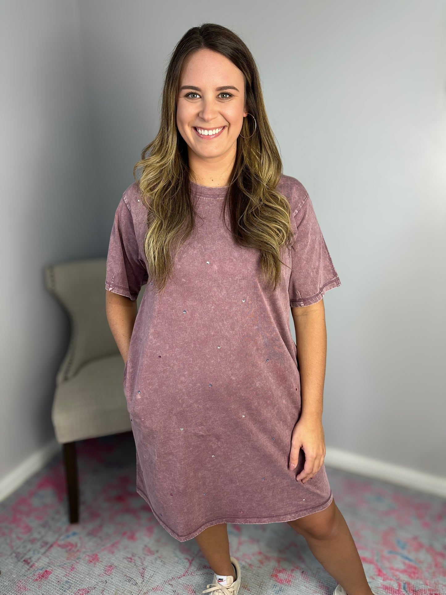 Rhinestone Mineral Washed Tunic Dress